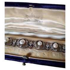 "Garrard and Co" Antique Natural Pearl and Diamond Bracelet, circa 1905 For Sale at 1stDibs | garrard bracelet Edwardian Jewelry, Royal Jewelry, Pearl Set, Natural Pearl, Purple Velvet, Diamond Set, Jewelry Maker, Belle Epoque, Natural Pearls