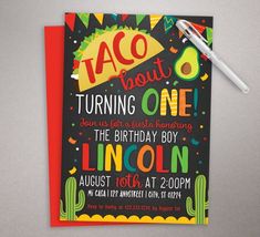 a birthday card with the words taco bout, turning one on it's front