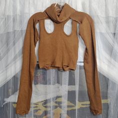 Nwt Darker Wavs By Dollskill Atmosphere Knit Cut-Out Turtleneck Distressed Sweater Top Xs Brown 100% Acrylic - Comes With Darker Wavs Necklace - Style Is Sold Out!!! Y2k Style Fitted Sweater, Y2k Winter Knit Tops, Y2k Knit Tops For Winter, Y2k Style Winter Knit Tops, Y2k Style Brown Top For Fall, Winter Knit Tops In Y2k Style, Y2k Knitted Tops For Fall, Brown Fitted Knitted Top, Fall Cropped Y2k Tops