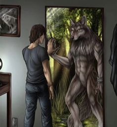 a man standing next to a wolf in front of a painting with the words pipim, pipim nerde lan