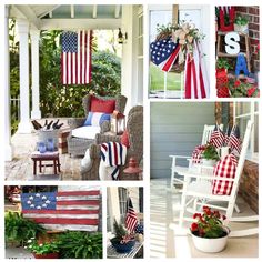 patriotic decorations are displayed on the porch and in front of an american flag decorationating