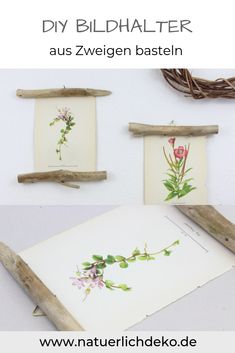 three framed pictures with flowers on them and some branches hanging from the wall behind them