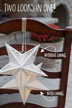 an origami star hanging from a chair with instructions on how to make it