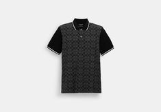 a black and white polo shirt with an all over pattern on the collar, front view