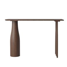 a wooden table with a vase on the top and one leg in the shape of a long tube