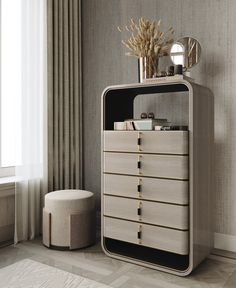 a tall cabinet with drawers and a mirror on top in a room next to a window