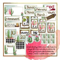 a poster with cactus themed words and pictures