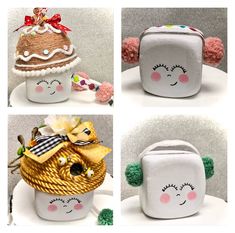 four different images of small purses made to look like cakes and other things that are on display