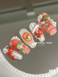 Strawberry Nails, Fruit Nails, Disney Acrylic Nails, Unique Nail Art, Fake Nails Designs, Asian Nails, Beauty Nails Design, Gel Nails Diy, Pretty Gel Nails