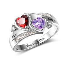 Personalized Engrave Name Ring has a unique design with two heart shaped stones on it, which can be customized as per the birth month, its also has small silver stones on edges making it look better, it can be customized by engraving two names on it making it an ideal engagement ring. It can also be engraved on inner side of the ring. Features: Color: Silver Material: Sterling silver Style: Personalized Size: Available Size: US - 5/6/7/8/9/10/11/12 Weight: 3.6g Size Chart: Size Circumference(mm) Antique Promise Rings, Rings Pandora, Birthstone Promise Rings, Mothers Day Rings, Mothers Ring, Mom Ring, Mother Rings, Promise Rings For Her, Simple Jewelry