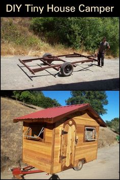 the trailer is made out of wood and has a man standing next to it