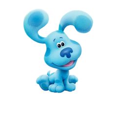 the blue dog is sitting down and smiling