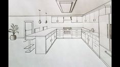 a drawing of a kitchen with an island in the middle and cabinets on both sides