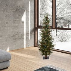 a living room with a couch and a christmas tree in the corner by a window