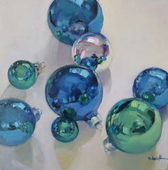 an oil painting of blue and green ornaments