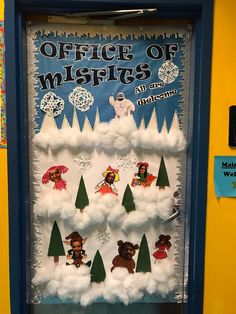 an office door decorated with snow and christmas decorations