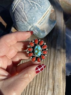 New without tags JEWELRY TYPE : Rings MAIN STONE : Turquoise METAL : Sterling Silver RING SIZE : 7 ARTISAN : Kathleen Chavez Navajo Sterling Silver & Multi Stone Cluster Ring. Sz 7. Gorgeous Kingman Web Turquoise & Natural Red Coral Stones. Measuring 1 1/2 inches long and 1 1/4 inches wide. Weight 16 grams. Signed by Kathleen Chavez and stamped Sterling. Such a beautiful color combination. Thank you for looking at our items. Please contact us if you have any questions. Exported By Export Silver Heart Ring, Coral Stone, Blowout Sale, Beautiful Color Combinations, Taos, Casual Wedding, Sterling Silver Heart, Multi Stone, Red Coral