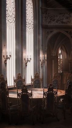 an ornate dining room table and chairs in front of a large window with light coming through the windows