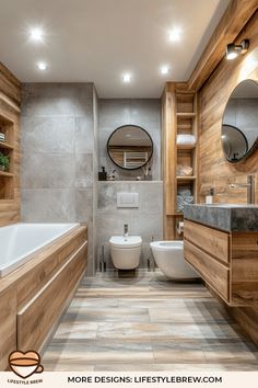 a modern bathroom with wood paneling and white fixtures