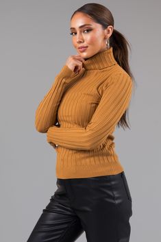 Winter Knit Turtleneck With Ribbed Neckline, Knit Turtleneck With Ribbed Collar For Fall, Trendy Knit Turtleneck With Ribbed Cuffs, Fitted Brown Sweater With Ribbed Cuffs, Winter Workwear Sweater With Ribbed Neckline, Stretch Sweater With Ribbed Neckline For Fall, Fall Sweater With Ribbed Neckline And Stretch, Fall Sweater With Stretch And Ribbed Neckline, Trendy Ribbed Collar Turtleneck For Fall