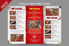 a red and white brochure with pictures of food on the front, side and back