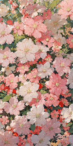 an abstract painting of pink and white flowers