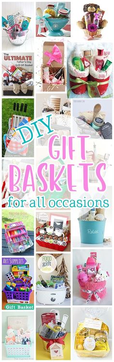 many different baskets are shown with the words diy gift baskets for all occasions