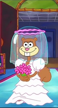 a cartoon bear in a wedding dress holding flowers