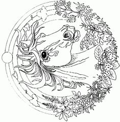 a coloring page with an image of a horse and flowers in the middle of it