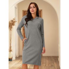 Seta T Women's Hoodie Dress Casual Pullover Sweater Long Sleeve Sweatshirts Midi Dress with Pocket is a versatile piece perfect for various occasions. The fashion style includes long sleeves, pullover design, and convenient pockets, making it a must-have in women's wardrobes. The slim fit hoodie dress features a round neck and offers a classic yet trendy look. Made from a blend of 42% Viscose, 34% Nylon, and 24% Polyester, it provides a comfortable and stretchy fit. Ideal for spring, fall, and w Slim Fit Hoodie, Casual Pullover Sweater, Flowy Dress Long, Denim Maxi Dress, V Neck Midi Dress, Pullover Designs, Long Sleeve Midi, Women's Wardrobe, Long Sleeve Midi Dress