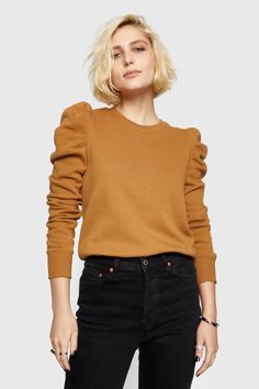 Janine Sweatshirt | Caramel Ruffle Sleeve Sweater | Rebecca Minkoff Skirts Style, Ruffle Sleeve Sweater, Leather Skirts, Puff Sleeve Sweater, Leather Outerwear, Ruffled Sleeves, Long Puff Sleeves, Black Ruffle, Low Key