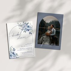 two wedding cards with blue flowers on them