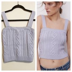 Cable Knit Cropped Top Trendy Gray Knitted Top, Gray Textured Knit Top For Spring, Knit Crop Top, Cropped Top, Zara Tops, White Silver, Cable Knit, Color White, Cable