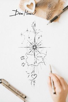 Line drawing of compass signed by the Slovak artist Deni Minar. Available for download and suitable as a tattoo for all travel lovers. Architecure Tattoos, Tatoos Woman Chest, Tattoo Art Wallpaper, Fine Line Arm Tattoo, Leg Tattoos Aesthetic, Arrow Tattoos For Women, Tattoo Fine Line, Wanderlust Tattoo