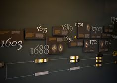 a wall with many plaques and numbers on it