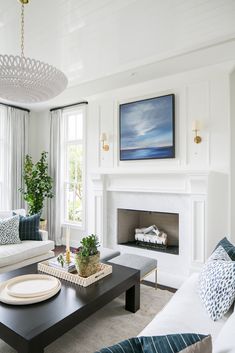 a living room filled with furniture and a fire place in front of a painting on the wall