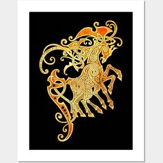 a golden horse with intricate designs on it's body and back, against a black background