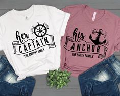 Check Out More Shirts Here: couplethreadz.etsy.com PLEASE NOTE (designs come with assigned colors and are sold separately) White Blend - His Anchor Heather Mauve - His Anchor Fuchsia - His Anchor Black Blend - His Anchor Red - His Anchor  White - Her Captain Black - Her Captain Kelly - Her Captain Aqua - Her Captain Heather Midnight Navy - Her Captain This classic unisex jersey short sleeve tee fits like a well-loved favorite. Soft cotton and quality print make users fall in love with it over and over again. These t-shirts have-ribbed knit collars to bolster shaping. The shoulders are tapered for a better fit over time. Dual side seams hold the garment's shape for longer.  .: Made with 100% Airlume combed and ring-spun cotton, a lightweight fabric (4.2 oz/yd² (142 g/m that is easy to layer Couples Cruise Shirts, Husband And Wife Shirts, Couple Cruise, Cruise Shirts, Cruise Shirt, Matching Couple Shirts, Wedding Present, Matching Couple, Notes Design