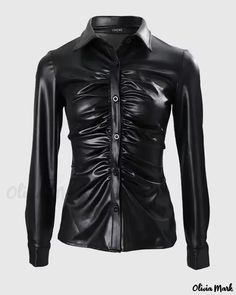 Olivia Mark - PU Leather Gathered Button Down Shirt Long Sleeve Turtleneck Dress, Long Coat Women, Lambskin Leather Jacket, Button Front Shirt, Olivia Mark, Shirt Shop, Black Shirt, Trendy Fashion, Button Up Shirts