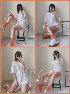 four pictures of a woman sitting on a chair talking on her cell phone and wearing orange socks