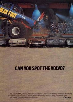 an advertisement for the volvo car company with monster trucks on it's flatbeds