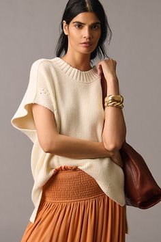 Add a touch of coziness to your close-knit circle with the Maeve Short-Sleeve Oversized Sweater, designed with a ribbed knit and a roomy, casual fit. | Short-Sleeve Oversized Sweater by Maeve in White, Women's, Size: 2XS, Polyester/Cotton/Wool at Anthropologie Cozy Textured Knit Top For Loungewear, Chic Cashmere Sweater With Pointelle Knit, Everyday Relaxed Fit Chunky Knit Sweater, Slouchy Chic Chunky Knit Sweater, Everyday Chunky Knit Sweater In Relaxed Fit, Everyday Chunky Knit Sweater With Relaxed Fit, Oversized Pointelle Knit Chic Top, Chic Oversized Pointelle Knit Top, Cozy Ribbed Cashmere Tops