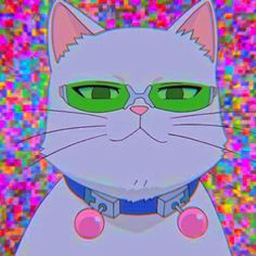 a white cat wearing green glasses and a blue collar is standing in front of a colorful background