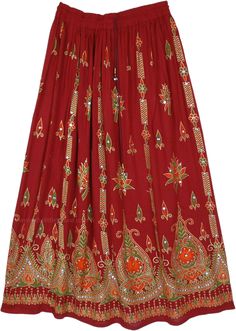 An Indian-style festival skirt in soft rayon fabric with golden, orange, and green printed ethnic motifs and sequin details.  This charming scarlet red skirt features floral block motifs with a golden outline, and the motifs are further decorated with sequins that enhance the look. #tlb #Bells #Dance #Floral #Printed #Indian #FestivalSkirt #SequinedSkirt #IndieSkirt Festival Long Skirt With Embroidery, Summer Festive Bollywood Skirt, Festive Embroidered Skirt For Festivals, Festive Red Embroidered Skirt, Bollywood Style Summer Festive Skirt, Festive Bohemian Cotton Skirt, Festive Flowy Skirt For Festivals, Traditional Festival Skirt For Festive Occasions, Traditional Festive Skirt