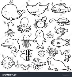 black and white cartoon sea animals set for coloring book page stock photo - 957982