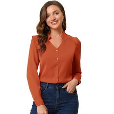 This shirt is elegant and charming for workwear or a day-to-night look, with a cut-out v-neck and unique shoulder details. No-see-through chiffon fabric and stylish v-neck make it a perfect choice for work, office, and daily wear. Pair this work office shirt with a pencil skirt, work pants, or casual jeans. The return of a classic, this button-up shirt is cut from in a chiffon sateen in an always flattering fit-and-flare silhouette. Model Body Size: Height: 5'9", Chest: 33 inches, Waist: 24 inch Semi-formal Fall V-neck Top, Trendy Solid Color Office Shirt, Semi-formal Solid V-neck Top, Solid Color V-neck Shirt With Buttons, Casual V-neck Tops For Business, Casual V-neck Business Tops, Trendy Solid Color Office Blouse, Solid V-neck Shirt For Fall, Spring V-neck Shirt For Office Wear