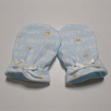 two blue baby mitts with white writing on them