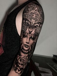 a woman with a cat and roses on her arm