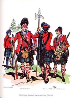 three men in kilts and red coats are standing next to each other with instruments