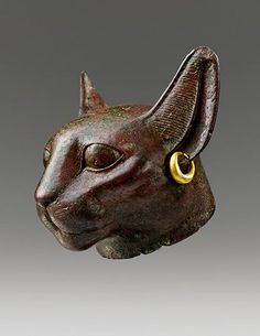 an ancient egyptian cat head with gold ear rings on it's ears is shown